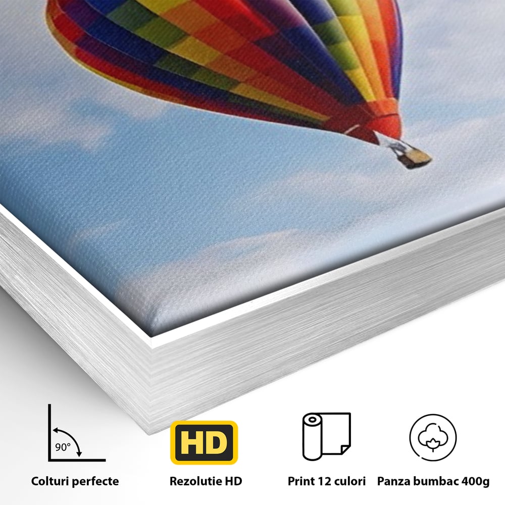 Detaliu al suprafetei: tablou canvas cu balon cu aer cald, in rama de aluminiu argintiu